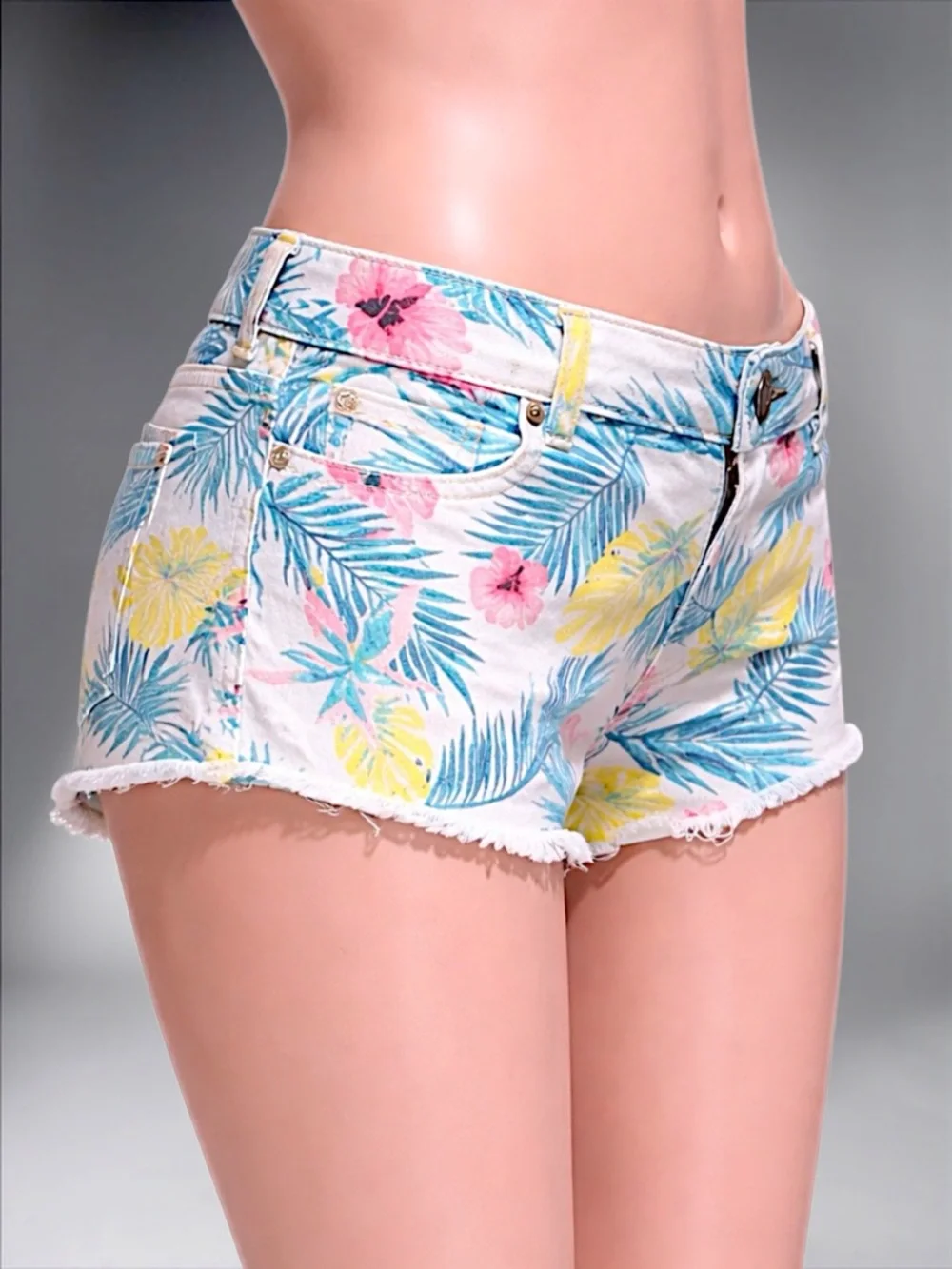 Tropical Print Women’s White Denim Shorts